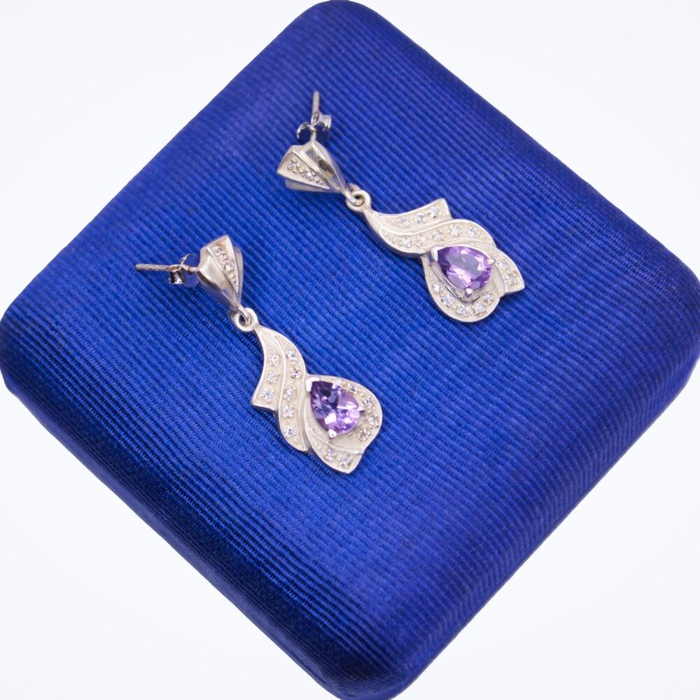 Vintage 925 Sterling Silver Amethyst CZ CW CHARLES WINSTON Dangle Drop Earrings